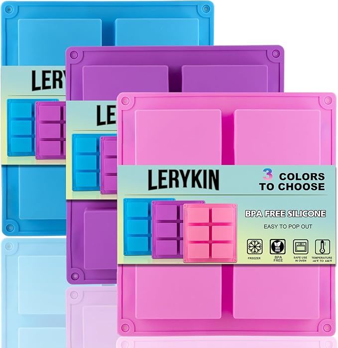 3 Pack Silicone Soap Molds, 6 Cavities Rectangle Silicone Mold, Great For Homemade Craft Soap Mold, Chocolate, Cake Molds ＆ Ice Cube Tray - Just Pop Out（Pink & Blue & Purple）