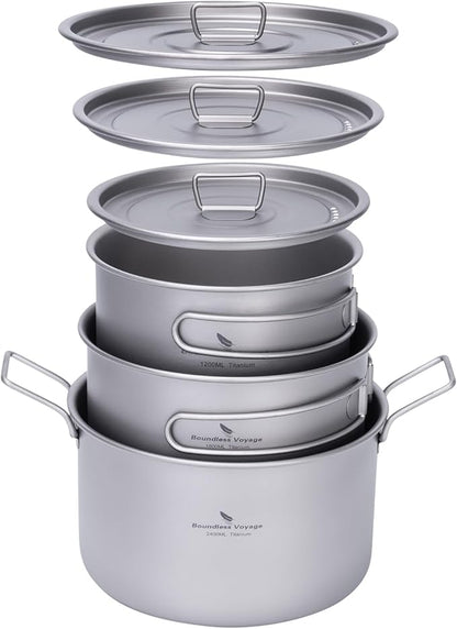 iBasingo 1.2L+1.8L+2.4L Titanium Pots Set with Lid Camping Cookware with Foldable Handle Portable Lightweight Cooking Kit Outdoor Kitchen Cooking Kit for Backpacking Hiking Picnic Fishing Ti2109C
