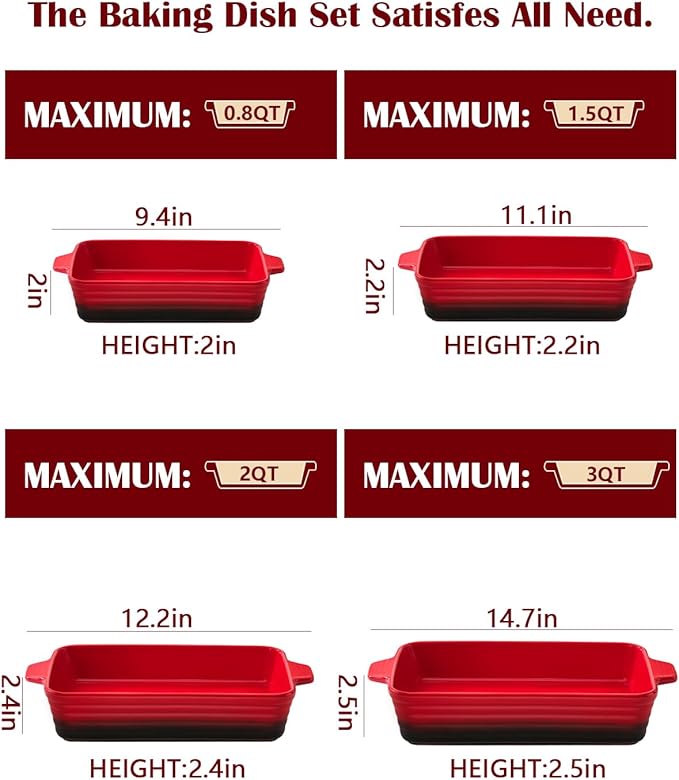 Casserole Dishes For Oven, Heat-Resistant Ceramic Bakeware Set Of 4 Rectangular