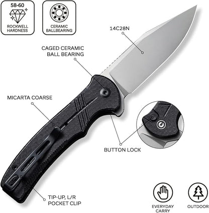CIVIVI Folding Pocket Knife, Button Lock Flipper Cogent Knife 14C28N Blade Black Micarta Handle for Outdoor EDC Camping C20038D-7