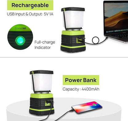 LED Camping Lantern Rechargeable, Consciot Camping Lights, 1000LM, 4 Light Modes, 4400mAh Power Bank, IPX4 Waterproof Tent Lights, Dimmable Flashlight for Emergency, Power Outages, USB Cable Included