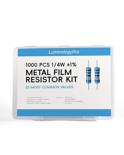 1000 PCS Resistor Kit 1/4 W +-1% Premium Metal Film Resistors Assortment Kit, 25 Values (1 Ohm-1M Ohm) 40 Each, Breadboard & DIY Electronics, Includes 10k Ohm, 1k Ohm, 220 Ohm Resistors Pack