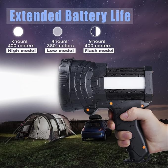 YIERBLUE Rechargeable Spotlight, Super Bright 99,000 High Lumen LED Handheld Spotlight Long Lasting Large Flashlight Searchlight and Flood Camping Flashlight with Foldable Tripod