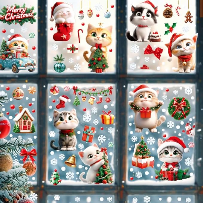 9 Sheets Christmas Cats Window Clings Reusable Kitty Animal Xmas Tree Window Decals Double Side Printed Window Stickers Glass Door Home Party Supplies Showcase Decoration