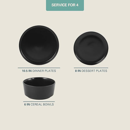Gibson Home Dempsey Road 12-Piece Stoneware Dinnerware Set – Service for 4, Round Black Plates and Bowls, Durable Solid Color Modern Embossed Dish Set, Microwave & Dishwasher Safe