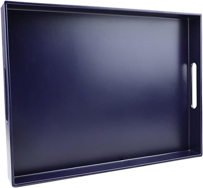Navy Blue Serving Tray for Coffee Table, Rectangular Plastic Decorative Tray with Handles for Entertaining, Outdoor Patio, Living Room, Ottoman, Bathroom Counter, 11.8”*15.7”*1.6”