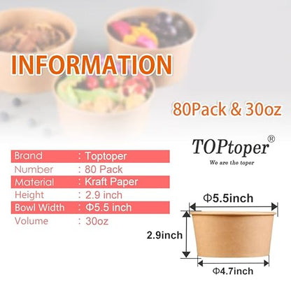 80 Pcs 30 Oz Large Paper Bowls【WITHOUT LIDS】 Disposable Soup Bowls Bulk Plastic Free Party Supplies for Hot/Cold Food, Soup (30 OZ)