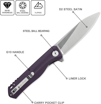 Petrified fish G10 handle D2 steel blade 2CR13 liner ball bearing flipper folding knife camping hunting EDC pocket tool PF818 (Purple, Satin)