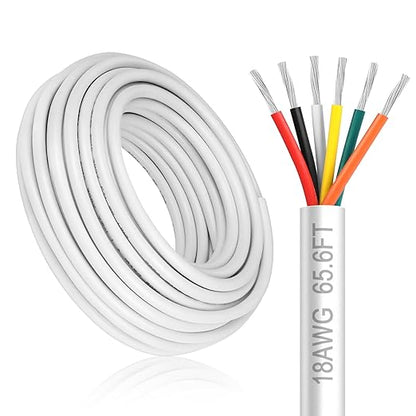 18 Gauge 6 Conductor Electrical Wire, 65.6FT White Stranded Low Voltage 18/6