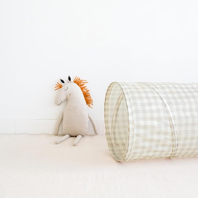 3 Sprouts Kids Play Tunnel - Pop Up Collapsible Tunnels with Recycled Fabric - Fun Crawling Tunnel for Toddler, Baby, Children to Crawl Through, Gross Motor Toy for Indoor Play - Gingham Beige