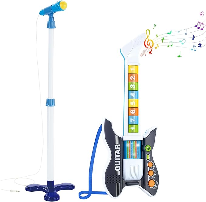 deAO Kids Guitar and Microphone Set with Stand Adjustable Height Music Light Karaoke Music Toys Christmas Birthday Gift for Kids Boys Girls (Black)