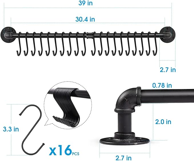 Industrail Pipe Pot Pan Rack, Wall mount Pot hangers Pan Haniging Rail Lid