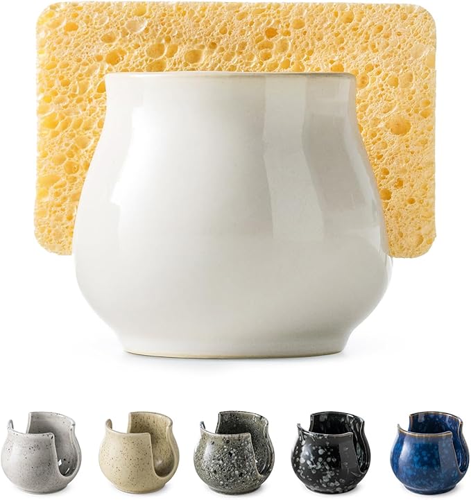 Zoeeker Sponge Holder for Kitchen Sink Counter, Ceramic Dish Sponge Caddy White