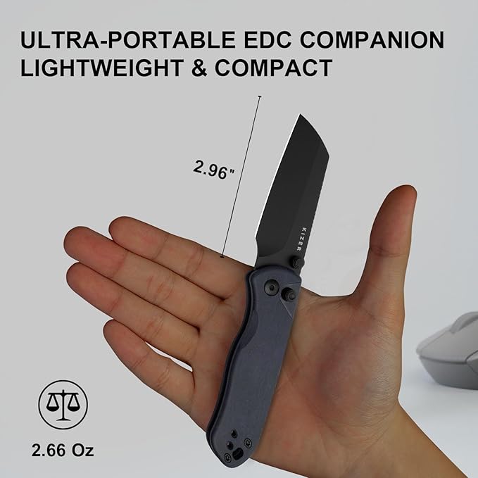 Kizer Drop Bear 2 Pocket Knife, 2.96" Nitro-V Sheepsfoot Blade Folding Knife with Blue Richlite Handle, Button Liner Lock EDC Knives with Jimping on Spine for Men Women V3619.2CS1