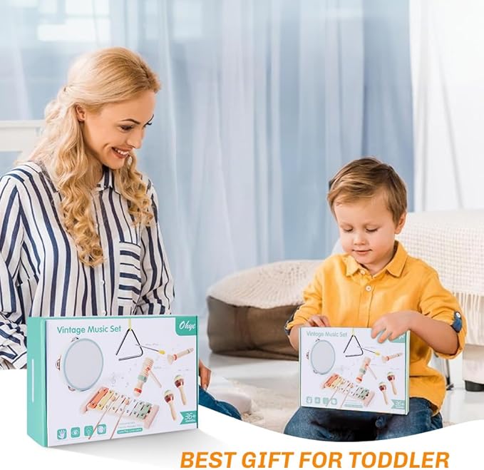 Toddler Musical Instruments Set - Neutral Colors Wooden Montessori Toys Percussion Instruments Musical Toys with Modern Boho Xylophone Tambourine for Kids Preschool Educational 3+ Birthday Gifts