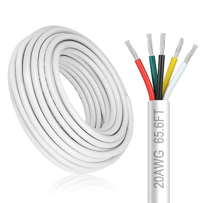 20 Gauge 5 Conductor Electrical Wire, 65.6FT White Stranded Low Voltage 20/5