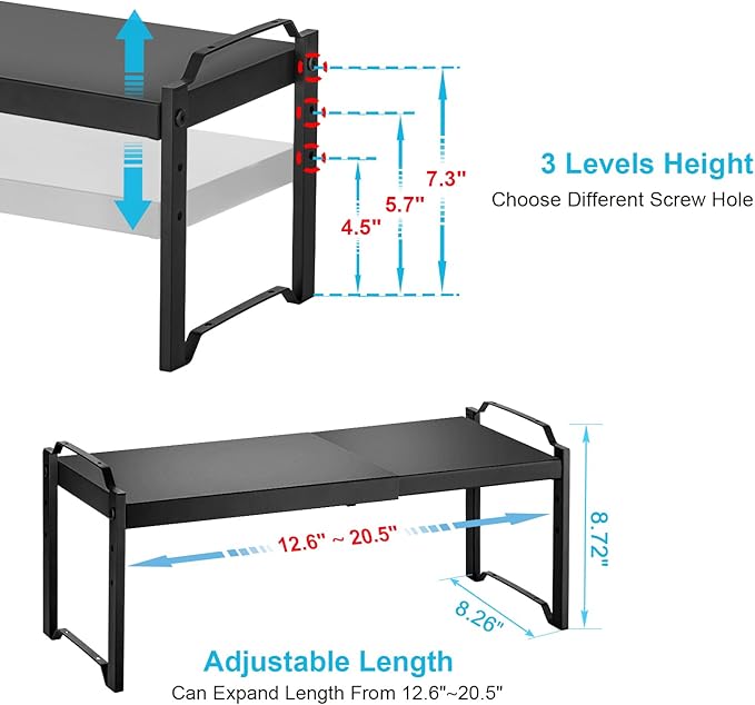 4 Pack Kitchen Cabinet Shelves Organizers, Kitchen Counter Storage Shelf Spice Rack, Expandable Length, Adjustable Height, Stackable, Sturdy 30LBS Bearing, Small Cupboard Tabletop Organizer Shelf Rack