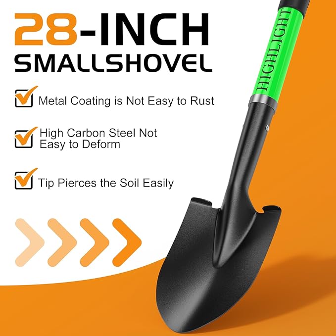 HIGHLIGHT Kids Shovel, Small Shovels for Digging, Overall Length 28 Inches, Mini D Handle, Gardening Shovel, Metal Beach Shovel, Camping, Snow, Fiberglass Handle, Green