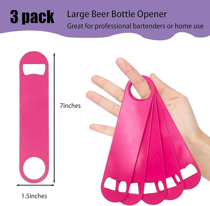3 Pcs Pink Stainless Steel Heavy Duty Flat Bottle Openers, 7 Inch Solid Beer