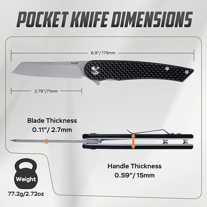 Folding Pocket Knife, 2.79??14C28N Steel Blade Carbon Fibre Handle Flipper Liner Lock Small Praxis EDC Folding Knife, Sharp Camping Outdoor Survival Knives for Men Women (Black)