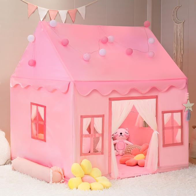 Large Kids Tent Playhouse Basic Mat with Star Lights, Flags and Tote Bags, Play Tent Indoor & Outdoor, Washable Teepee Tent for Boys & Girls, Kids Play House for Toddler（Pink）