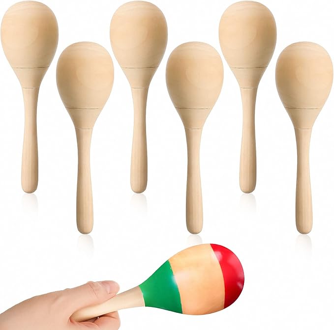 Leitee 6 Pcs DIY Wood Maracas Unfinished Hand Painted Maracas Party Favor Wooden Rumba Shakers Hand Percussion Rattles Musical Instruments with Clear Sound for Kid Adult(Log Color)