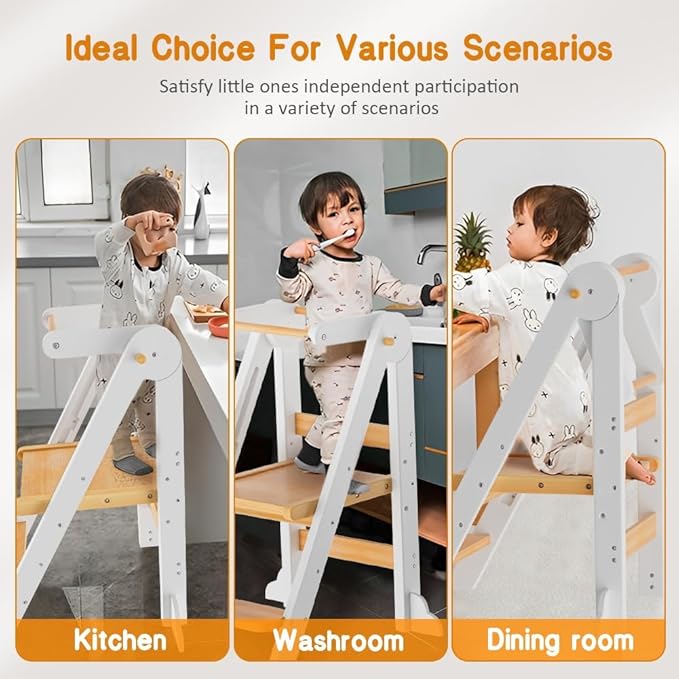 Toddler Tower, Foldable Step Stool for Toddlers, Toddler Kitchen Stool Helper with 3 Adjustable Height Safty Rail and Anti-Tip Structure, Learning Tower for Toddlers Baby Kids