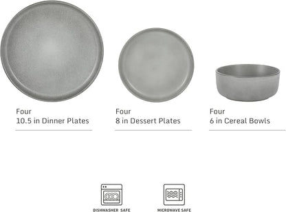 Gibson Elite Pasco 12 Piece (Service for 4) Plates and Bowls Reactive Glaze Dishes Stoneware Ceramic Dinnerware Set - Grey