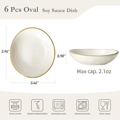 famiware Ocean Soy Sauce Dishes of 6, Oval Dipping Sauce Cups/Bowls/Dishes for Kitchen, 2.1oz Ceramic Small Bowls for Side Dish, Appetizers, Snacks, and Sushi, Dishwasher Safe, Vanilla White