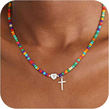 Colorful Initial Necklaces for Girls Women Kids - Teen Girls Gifts Trendy Cross Cross Beaded Initial Necklace Dainty Letter Gifts Choker Necklace for Girl Jewelry