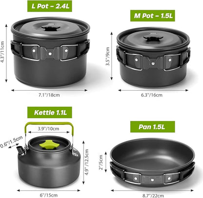 Odoland 29pcs Camping Cookware Mess Kit, Non-Stick Lightweight Pots Pan Kettle, Collapsible Water Container and Bucket, Stainless Steel Cups Plates Forks Knives Spoons for Outdoor Backpacking Picnic
