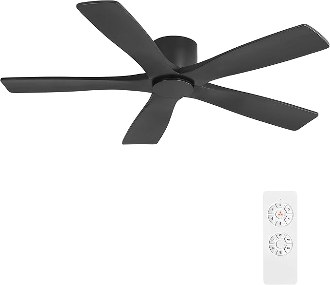 WINGBO 54" Flush Mount DC Ceiling Fans Without Lights, 5 Carved Solid Wood
