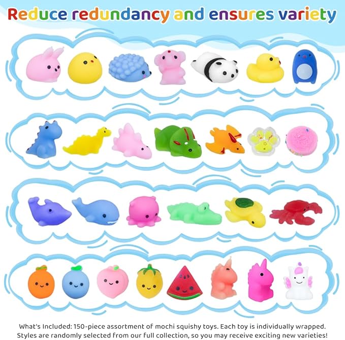 150PCS Party Favors for Kid Girls 4-8 8-12 Kawaii Mochi Squishies Anxiety Reduction Fufu Squishy Slow Rising Bulk for Classroom Prizes Set Game Prizes Goodie Bags Halloween Buckets Easter Eggs