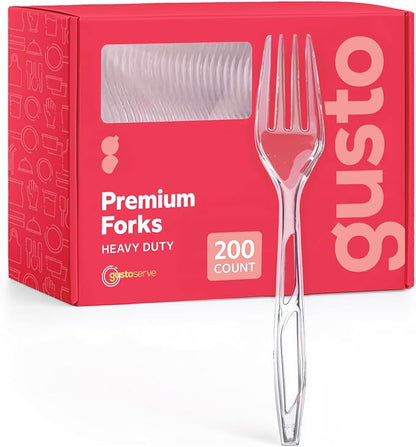 GUSTO [200 Count] Premium Heavyweight Disposable Forks - Clear Plastic Forks, Plastic Cutlery, Perfect for Parties, Events, and Catering (Formerly Comfy Package)
