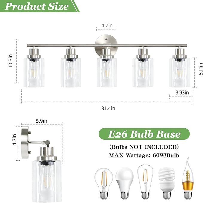 Guliaofo 5-Light Bathroom Vanity Lights, E26 Modern Brushed Nickel Bathroom