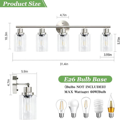 Guliaofo 5-Light Bathroom Vanity Lights, E26 Modern Brushed Nickel Bathroom