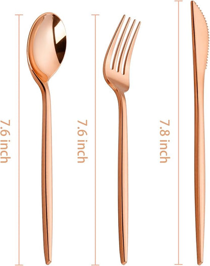 PULOTE 300PCS Rose Gold Plastic Silverware Set - Heavy Duty Rose Gold Utensils Set - Plastic Cutlery Disposable - Include 100 Knives,100 Forks and 100 Spoons for Party & Wedding