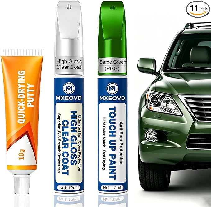 Sarge Green PGG Touch Up Paint Compatible with Jeep, All in One Car Scratch Repair Kit with Primer Putty & Clear Coat, Complete Sanding Tools Set for Scratches Chips Nicks