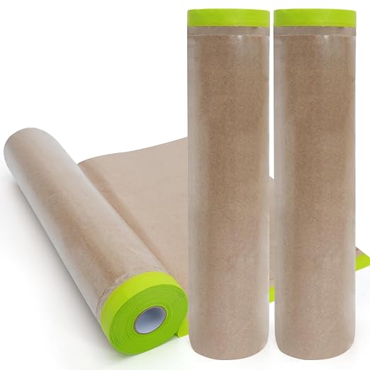 ADHES Pre-Taped Masking Paper for Painting, 3 Rolls 24 Inch x 50 Feet Tape and Drape Painters Paper Roll with Masking Tape, Automotive Paint Masking Paper for Cars, Walls, Floors, Furniture Protection