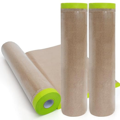 ADHES Pre-Taped Masking Paper for Painting, 3 Rolls 24 Inch x 50 Feet Tape and Drape Painters Paper Roll with Masking Tape, Automotive Paint Masking Paper for Cars, Walls, Floors, Furniture Protection