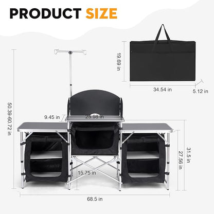 Camping Kitchen Table, Folding Table,Outdoor Cooking Table with Storage Carrying Bag, Aluminum Cook Station with Windscreen and 3 Multifunctional Storage Cupboards, BBQ, Outdoor, RV, Party