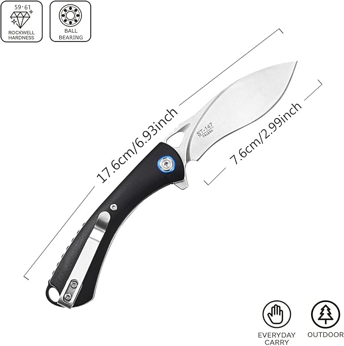 Sitivien ST147 Folding Pocket Knife,14C28N Steel Blade with G10 Handle Utility Knife EDC Tool Knife for Outdoor Camping,Hiking,Hunting(Black)