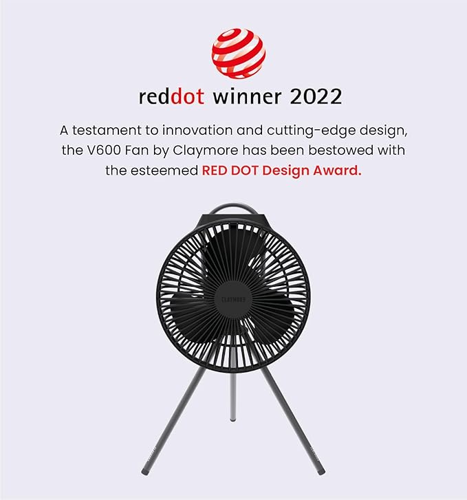 Claymore V600+ Black Rechargeable Portable Fan ??7,800mAh Battery, 4-Speed BLDC Ultra-Quiet Air Circulator USB-C Charging 32 Hrs Runtime Tripod Mountable Adjustable for Camping, Indoor, Outdoor