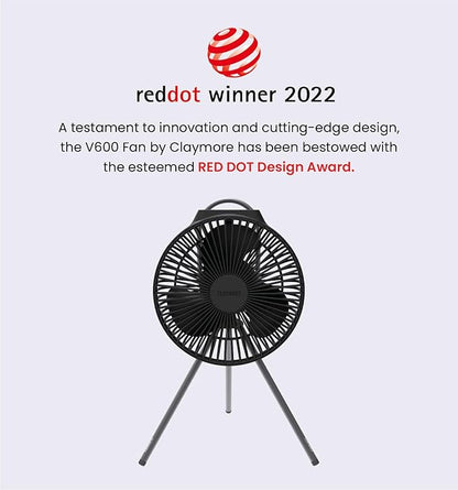 Claymore V600+ Black Rechargeable Portable Fan ??7,800mAh Battery, 4-Speed BLDC Ultra-Quiet Air Circulator USB-C Charging 32 Hrs Runtime Tripod Mountable Adjustable for Camping, Indoor, Outdoor