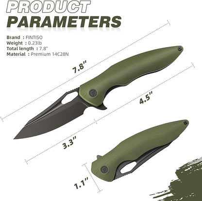FINTISO Apollo Pocket Knife, 3.3" 14C28N Blade G10 Handle Folding Knife with Liner Lock, Small EDC Knife with Pocket Clip for Camping, Survival, Hunting, Unique Gift for Men Women