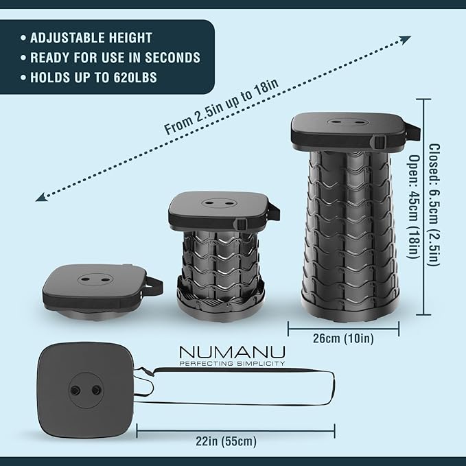 NUMANU 2025 Upgraded Square Collapsible Stool & 3IN1 Cushioned Carry Bag, Adjustable Height Folding Stool, Telescopic Camping Chair Retractable Seat or Footrest for Outdoors & Travel, 18" Max 620lbs