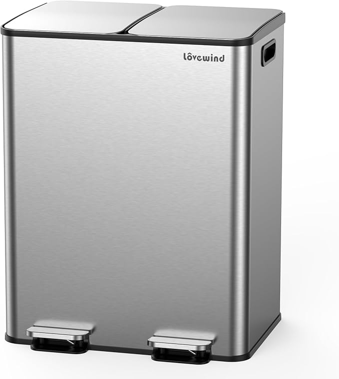 Lovewind Kitchen Trash Can, 2 x 8 Gallon Stainless Steel Trash and Recycle Bin