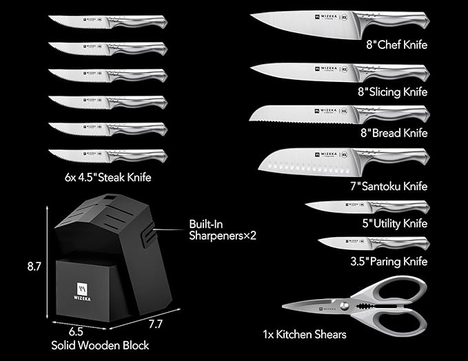 WIZEKA Kitchen Knife Set with Block: Razor Sharp 15 Pcs Professional Chef Knife