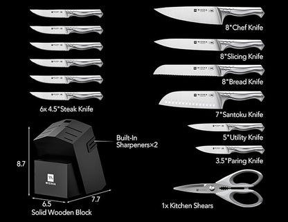 WIZEKA Kitchen Knife Set with Block: Razor Sharp 15 Pcs Professional Chef Knife
