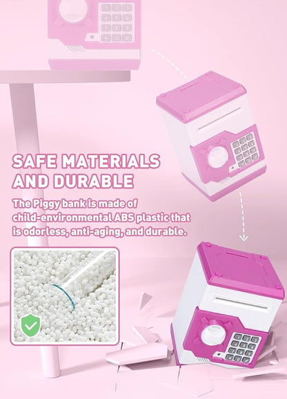 Piggy Bank for Girls Boys Large Electronic Money Coin Banks with Password Protection, Automatic Paper Money Scroll Saving Box, Great Gift for Kids (Pink-White)